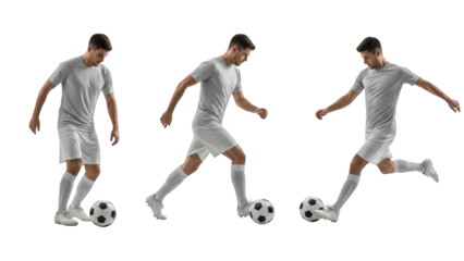 A soccer player in white uniform performing a series of moves with the ball on transparent background