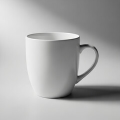 A blank coffee mug mockup placed on a simple surface, shallow depth of field, soft side lighting