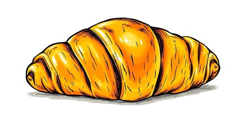 A rustic, hand-drawn illustration of a golden-brown croissant with flaky layers,   whimsical, croissant