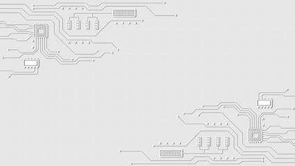 Abstract white technology background with embossed circuit board lines and geometric microchips