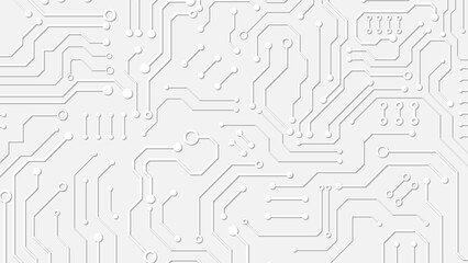 Abstract white technology background with embossed circuit board lines and geometric microchips