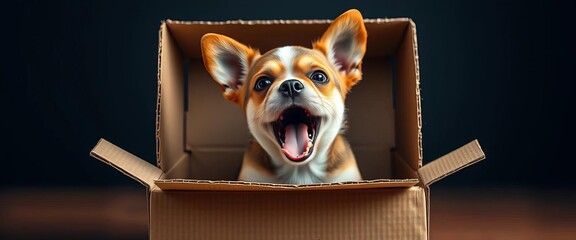 A small dog in a cardboard box, barking intensely,  noise,  feelings