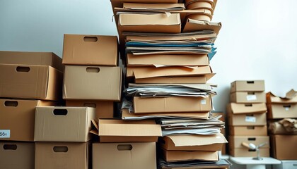 A towering stack of assorted cardboard boxes, some slightly damaged,  new,  shipping