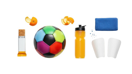 A collection of soccer training equipment on transparent background