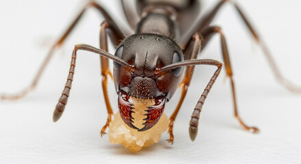 Macro photograph of a small ant eating a tiny food crumb, detailed mandibles gripping the crumb, bright natural daylight