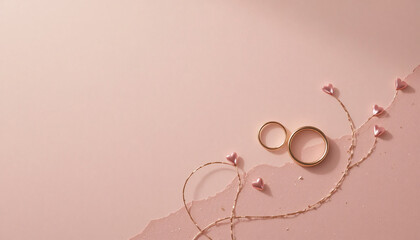 Romantic wedding rings flat lay on pink background with delicate golden vines and heart shaped