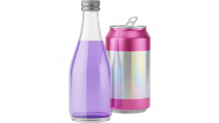 Purple bottle and pink soda can glass bottle aluminum can isolated on a transparent background