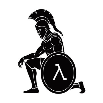 Black silhouette of a kneeling Spartan warrior holding a shield with a lambda symbol.