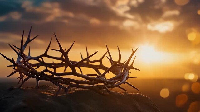 Crown of thorn of Jesus Christ in sunset background.