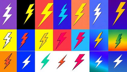 Collection of stylized lightning bolt icons, various designs and angles,  vector,  clip art