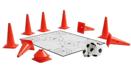 A set of orange cones and a soccer ball on a tactical board on transparent background