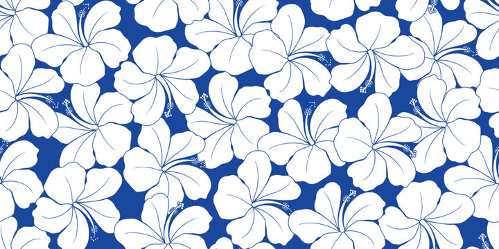 Tropical hibiscus pattern. tropical floral pattern blooms white blue motif, Hibiscus flower design. Summer fabric patterns for Hawaiian shirts. botanical motifs floral hibiscus design.Ocean blue color