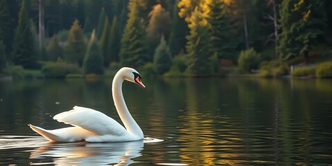 Graceful swan glides across a tranquil forest lake, a vision of serene beauty,  serene,  woodland