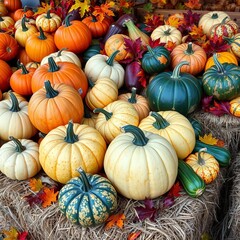 Harvest bounty of pumpkins and gourds displayed on hay bales with colorful leaves,  squash,  pumpkins