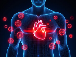 Human body wireframe with glowing red heart and medical icons blue