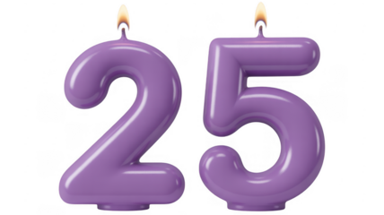 Purple number 25 candles birthday isolated on a transparent background