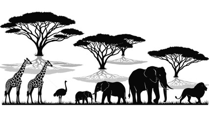African savanna silhouette, wildlife scene, giraffes, elephants, lion, acacia trees, black and white sketch, nature vector, animal illustration © afjal