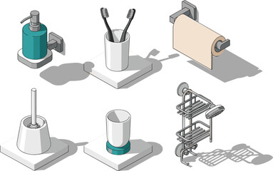 Obraz premium Bathroom accessories isometric, soap dispenser, toothbrush holder, toilet brush, shower caddy, tumbler, toilet paper roll, vector sketch, hygiene tools