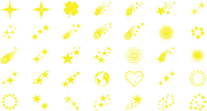Yellow Celestial Symbols Set, Star Sparkles, Shooting Stars, Magic Comet Trails, Heart and Sun Icons, Decorative Glowing Vector Elements for Design