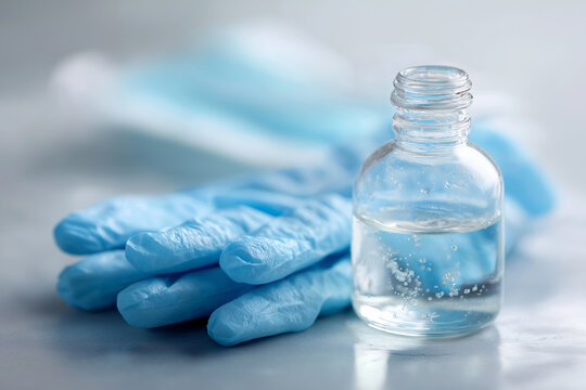 Blue medical gloves and a bottle of clear sanitizer create a clean, safe atmosphere for health Generative AI