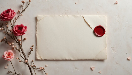 Romantic love letter with wax seal and roses on white background with valentine and sentimental