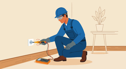 Electrician Checking Power Outlet
A flat vector illustration of an electrician crouching near a wall socket, testing the outlet with a voltage tester. The electrician wears protective gear. 