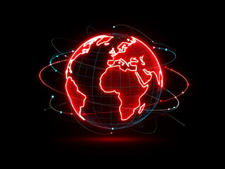 Red neon globe with orbiting light trails on black background earth world