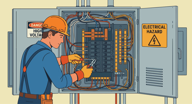 Electrician Repairing Electrical Panel
A flat vector illustration of an electrician standing in front of an open electrical panel, using tools to repair wiring. 