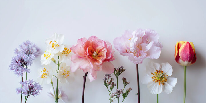 Colorful spring flowers bloom in harmony, showcasing their beauty against a pure white backdrop Generative AI - Powered by Adobe
