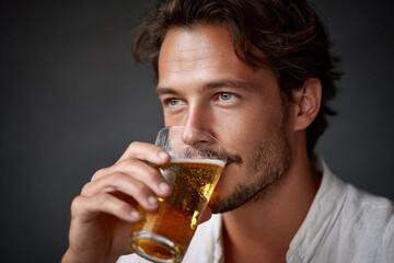 Man drinking beer, relaxed expression, casual lifestyle, refreshing beverage moment, modern leisure concept.