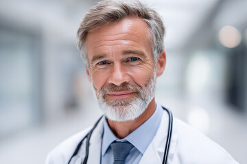 Senior male doctor wearing white coat and stethoscope, standing confidently in medical environment, representing experience, trust, and healthcare leadership.