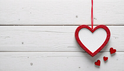 Large red heart ornament hanging on rustic white wooden background with small hearts with valentine