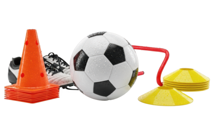 A collection of soccer training equipment including cones, a ball, and agility ladder on transparent background