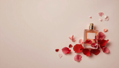 A clear glass perfume bottle with gold cap surrounded by scattered red and pink rose petals