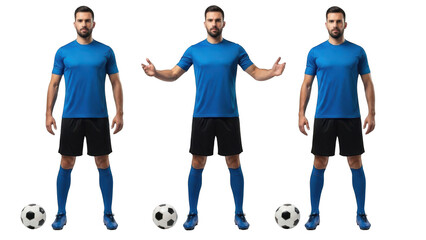 A soccer player in a blue uniform standing in different poses on transparent background