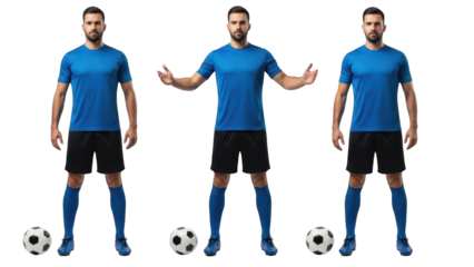 A soccer player in a blue uniform standing in different poses on transparent background
