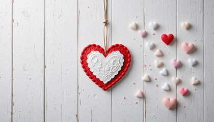 Rustic hanging heart ornament with white and red hearts on a string against a white wooden with love