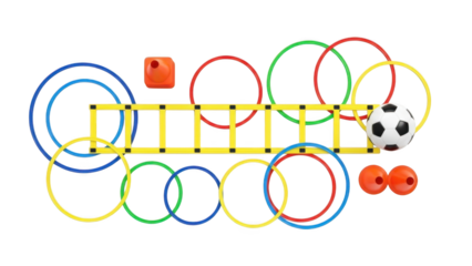 A colorful illustration of sports equipment and rings on a transparent background