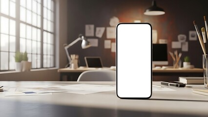 Smartphone on a desk in a modern office space