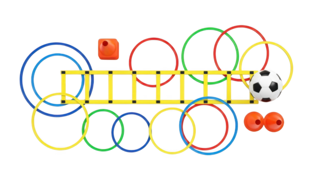 A colorful illustration of sports equipment and rings on a transparent background - Powered by Adobe
