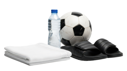 A neatly arranged collection of soccer equipment and accessories on transparent background