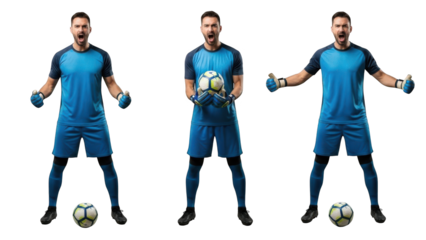 A soccer goalkeeper in a blue uniform poses in three different stances on a transparent background