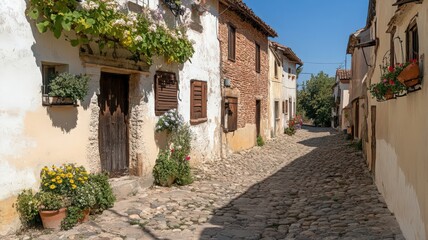 Fototapeta premium Classic European Alleyway with Historic Brick Walls and Cobblestone Path