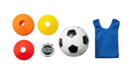 A collection of soccer training equipment on transparent background