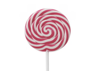 Red and white swirly lollipop on a stick candy sweet isolated on a transparent background