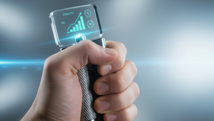 Hand holding futuristic digital device with technology interface displaying strength and age data for longevity