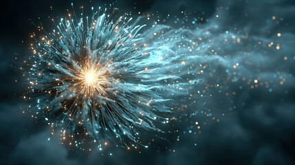 Bright fireworks exploding in the night sky with blue and golden sparks.