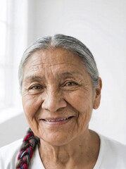 Portrait of an elderly Indigenous woman with braided hair, wearing a white shirt, smiling warmly against a bright, minimalistic background copy space