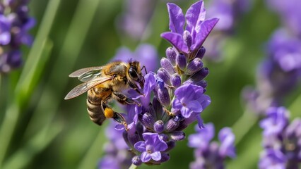 Close up of a honey bee collecting nectar from a vibrant purple lavender flower in a sun drenched field with a soft green bokeh background, macro photography with pollination