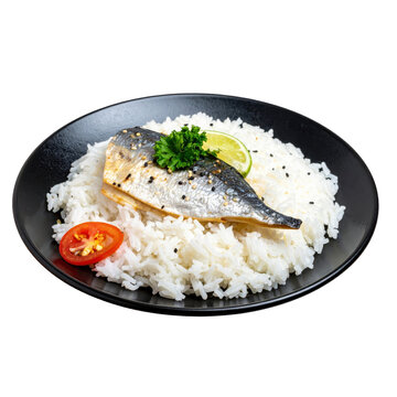 Authentic japanese tai meshi featuring a whole sea bream cooked with rice, on a dark platter, professionally isolated on a bright white background